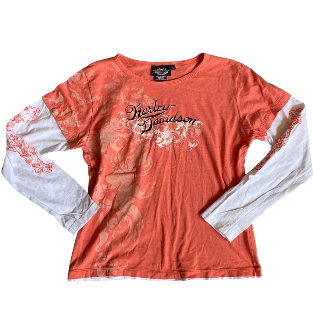 Vintage Y2K Harley Davidson Cutout Tattoo Graphic Pink Tee Large Biker Baddie